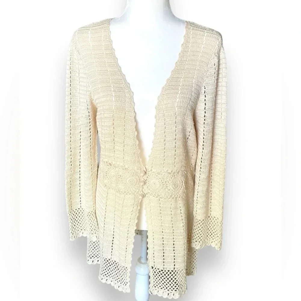 Vintage Nine West Linen Blend Crochet Cardigan Sweater Size Large